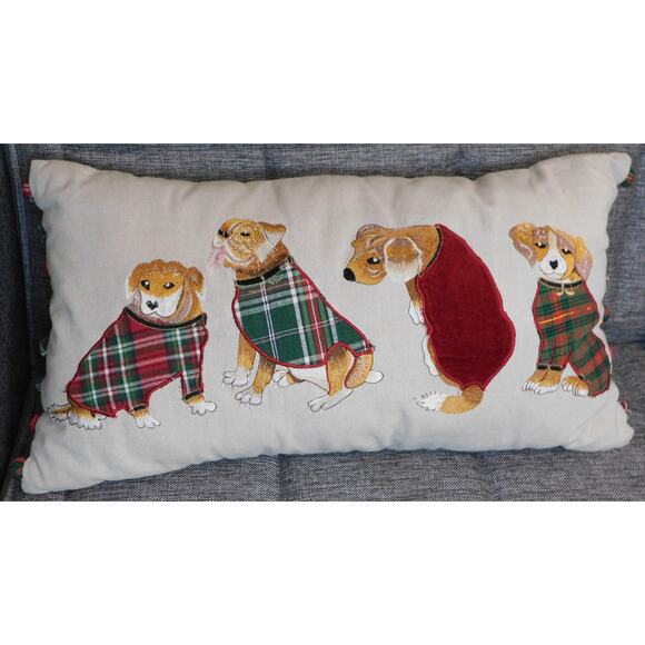 Christmas Throw Pillow Pier 1 Park Ave Dogs Embroidered Applique - Picture 1 of 7